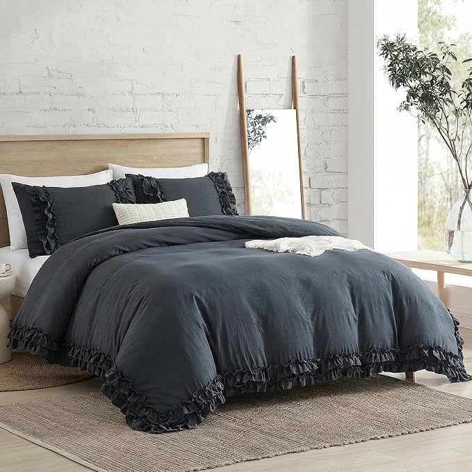 Bedorm Navy Ruffle Duvet Cover Vintage King Bedding Set Navy Blue Lace Fringe Ruffled Bedroom Decor Shabby Chic Boho Comforter Cover with Pillowcases