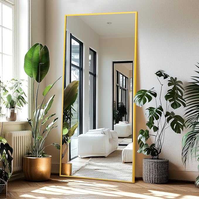 Full Length Mirror with Stand, 75x35 Gold Floor Mirror | Aluminium alloy frame with HD float glass for distortion-free reflection. Free standing or wall mounted.
