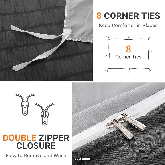 HYMOKEGE Dark Grey/Light Grey Duvet Cover Queen Size, Ultra Soft 3-Piece Seersucker Duvet Cover Set with Zipper Closure, Soft Brushed Microfiber Bedding Set with 8 Corner Ties (90"x90", 2 Pillowshams)