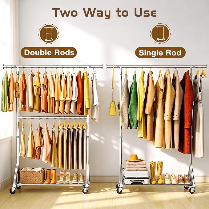 Heavy Duty Rolling Clothes Rack with Double Rods for Hanging Clothes, Adjustable & Extendable Metal Clothing Rack, Garment Rack With Wheels Shelf, Sturdy Freestanding Closet Rack, 100% Stainless Steel
