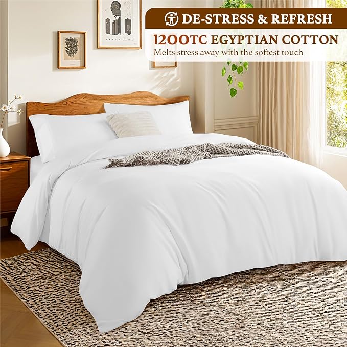 DEITAS 100% Cotton King Duvet Covers 3 Piece,1200 Thread Count，White | Luxury Egyptian Cotton Comforter Cover With Zipper Closure, Ultra Cooling Breathable, Hotel Bedding Duvet Covers
