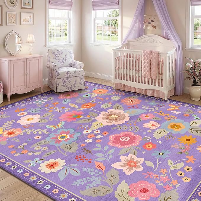 RELEANY Floral Washable 6x9 Area Rugs Purple/Pink | Flower Carpet, Print, Boho, Non-Slip, Easy to Clean, Soft, Low Pile for Living Room Bedroom Kitchen Office Entryway Hallway