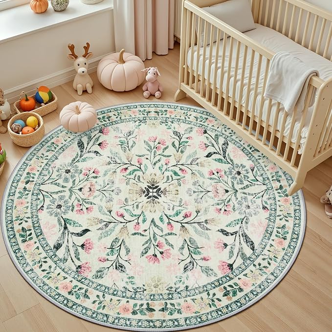 PLHXFR Round Area Rug Living Room: 6 ft Floral Washable Carpet Green Beige | For Bedroom Dining Room Farmhouse Nursery Hallway,Vintage Floral,Machine washable,Non Slip,Stain Resistant,Large Indoor