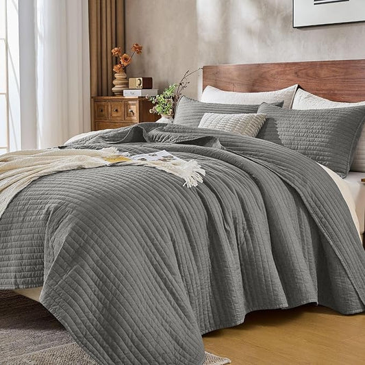 DOWN HOME King Quilt Bedding Set with Shams, Vintage Washed Soft Quilted Blanket Thin Comforter Lightweight Bedspread Coverlet Bed Cover, Brushed Microfiber Stripe Stitching, Ash Gray, 104"x90"