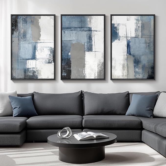 Large Framed Blue and Gray Abstract Wall Art for Living Room, 3 Piece 24x36 | Minimalist color block pictures, Canvas prints, Solid wood frame, Modern paintings, Wall decor for hallway office bedroom