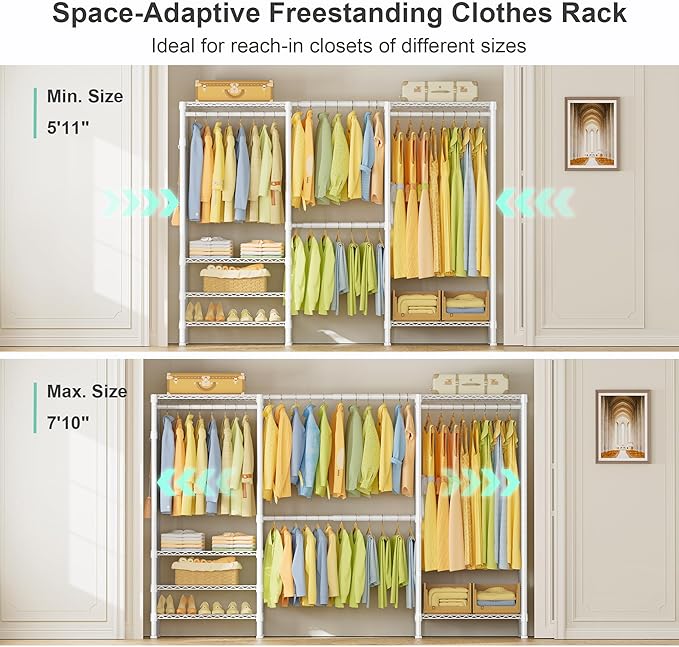 SEMHOR E06 Expandable Heavy Duty Clothes Rack for Reach-in Closet | Freestanding Clothing Racks with Shelves, Carbon Steel Closet Organizer System Adjustable 70.8-93.9", Max Load 800LBS, White
