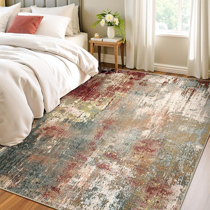 RELEANY Washable 4'x5' Abstract Area Rug for Living Room Rustic Brown | Carpet for Bedroom, Kitchen, Office, Hallway and Entryway, Printed Pattern, Non‑Slip, Soft, Stain‑Resistant, Easy to Clean
