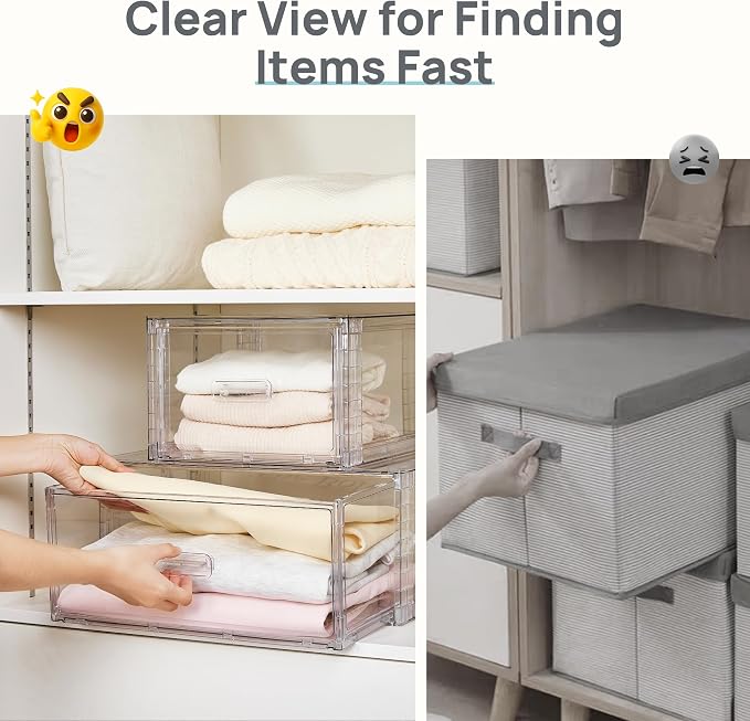 Vtopmart 9 Pack Clear Stackable Storage Drawers 15QT | Easily Assemble Closet Organizers,Plastic Storage Bins for Bathroom,Cabinet,Kitchen Pantry,Under Sink Organization(Medium)
