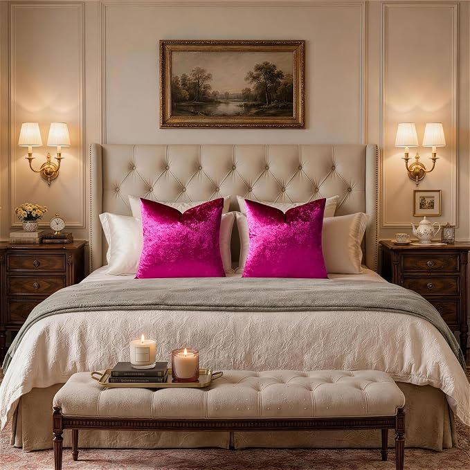 GIGIZAZA Crushed Hot Pink Velvet Throw Pillow Covers 18x18 Pack of 2 | Decorative Pillows for Couch Sofa,280gsm Soft Textured Fabric,Modern Square Pillowcases,Luxury Cushion Covers