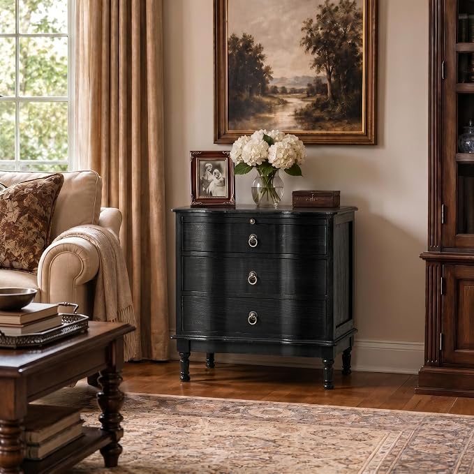 HULALA HOME Solid Wood End Table Set of 2 with Charging Station, 3 Drawer End Table with Pull-Out Tray, USB & Type-C Ports, Traditional Curved Front Accent Side Table for Living Room Sofa, Charcoal