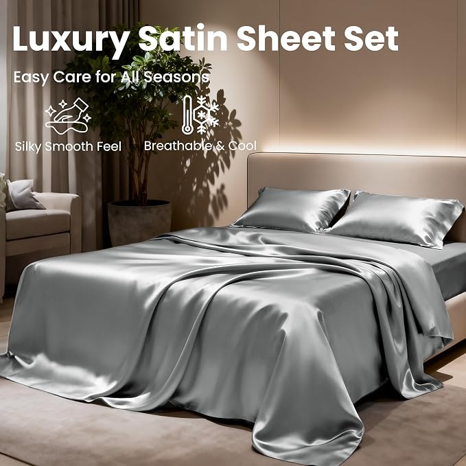 Love's cabin California King Satin Sheet Sets - 4 Piece Dark Grey Silky Sheets Bed Set with Deep Pocket, Luxury Silk Feel Satin Cal King Sheet Set (1 Flat Sheet,1 Fitted Sheet,2 Pillow Cases)