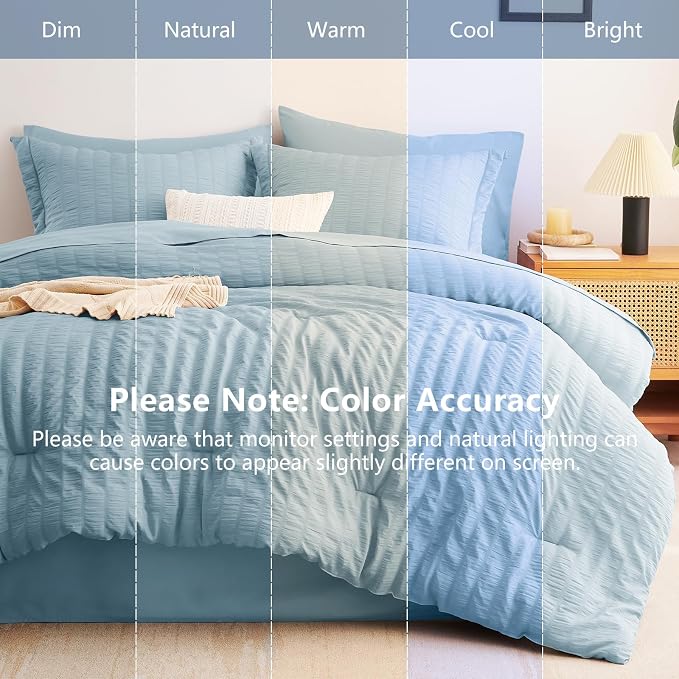 Oversized Queen Seersucker Comforter Set, Light Blue, 98 x 98 in | OEKO-TEX Certified, 7 Pieces Bed in a Bag with 240 GSM Down Alternative Comforter, Flat & Fitted Sheets, Pillowcases & Shams