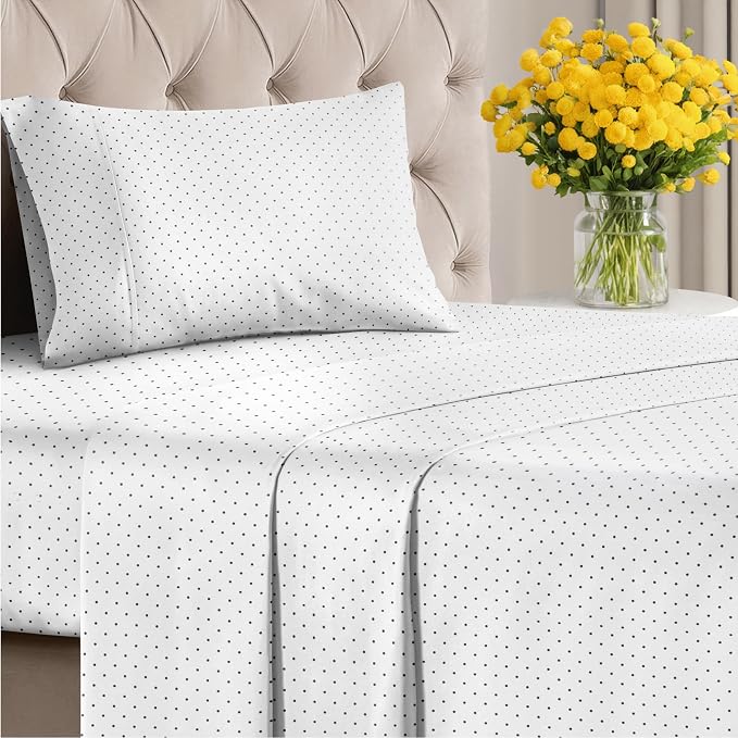 Twin 3 Piece Luxury Striped Sheet Set - Soft, Breathable & Cooling - Dots | 1 Flat, 1 Fitted & 1 Pillowcase w/ Deep Pockets, Luxury Striped Bedding, Soft, Breathable & Cooling, Wrinkle & Fade Free