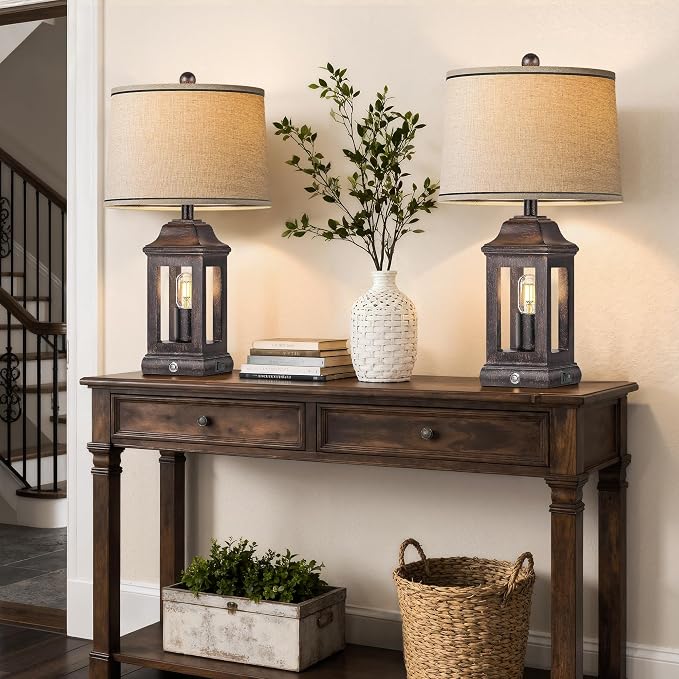 24" Rustic Farmhouse Table Lamps for Living Room Set of 2, Touch Dimmable Nightlight Vintage Bedside Lamps with USB A+C Ports & Dual Light Sources for Bedroom Nightstand End Table, Antique Black