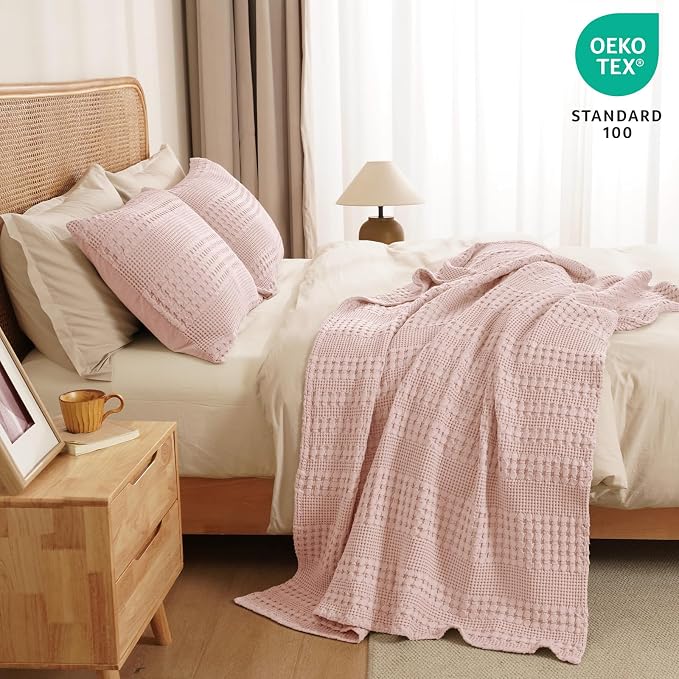 PHF Lightweight 100% Cotton Waffle Throw Blanket for Couch, Pink | Pre-Washed Soft Cotton Comfort, Breathable Layering Warmth for Fall & Winter, Office, Travel, Sofa, Home Decor & Gifts