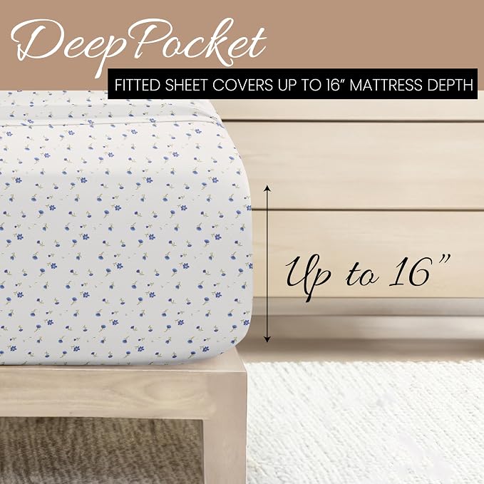 Linen Market Double-Brushed Patterned Microfiber King Sheet Set 4 Piece – Oeko-TEX Certified Ultra Soft & Wrinkle-Free - 16" Deep Pocket Sheets - Easy Care King Size - Soft Floral Light Blue