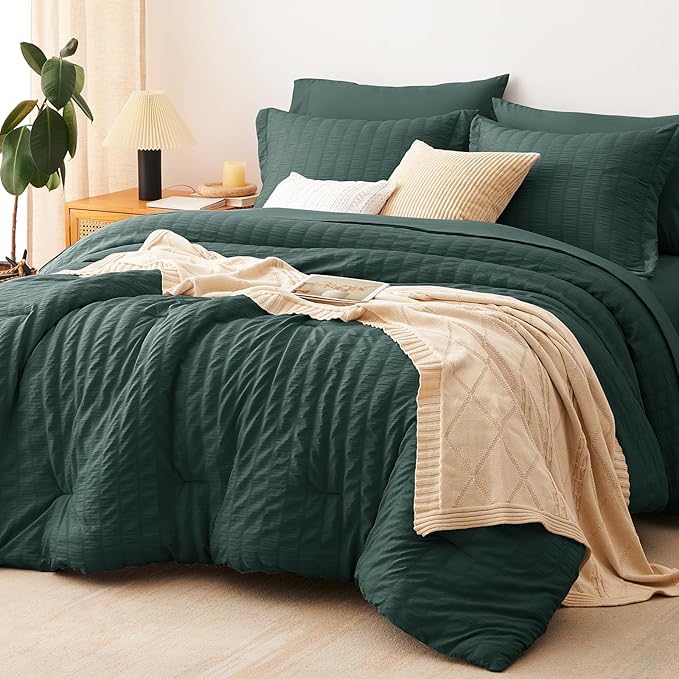 Oversized King Seersucker Comforter Set, Forest Green, 120 x 98 in | OEKO-TEX Certified, 7 Pieces Bed in a Bag with 240 GSM Down Alternative Comforter, Flat & Fitted Sheets, Pillowcases & Shams