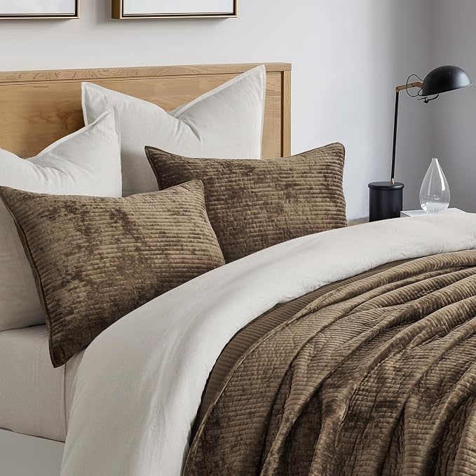 EverGrace Striped Channel Velvet Quilt Set, Queen Size, Mushroom Brown | Luxurious Soft Lightweight Velvet Comforter, Oversized Bedspread Coverlet, Quilted Bedding Set for All Season, with 2 Shams