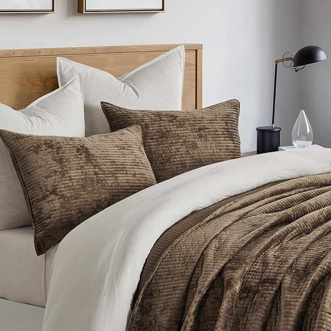 EverGrace Striped Channel Velvet Quilt Set, King Size, Mushroom Brown | Luxurious Soft Lightweight Velvet Comforter, Oversized Bedspread Coverlet, Quilted Bedding Set for All Season, with 2 Shams