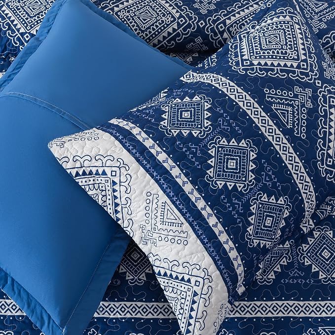 Quilt Set King Size, Bedspread Sets Blue Tribal Geometric, Reversible Quilt Bedding Set Lightweight and Breathable for All Seasons, Soft Quilted Bedspread with 2 Pillow Shams