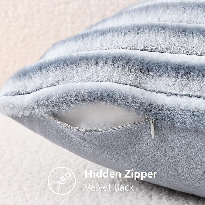 decorUhome Fall Faux Fur Throw Pillow Covers 20x20 Set of 2 Grey White | Decorative Soft Cozy Striped Plush Modern Farmhouse Boho Couch Pillow Cases Velvet Back for Sofa Bed Living Room Home Decor