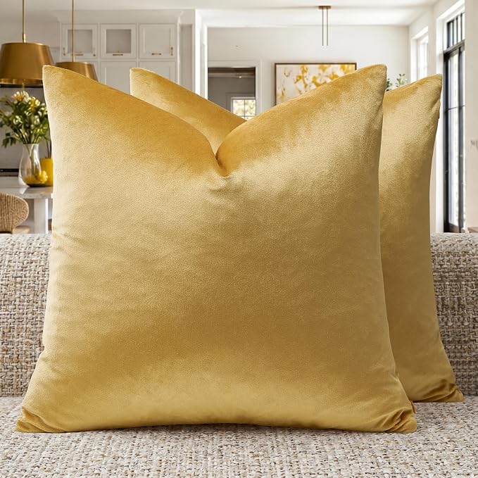 GIGIZAZA Yellow Velvet Pillow Covers 22x22 Decorative Pillows Pack of 2 | Throw Pillows for Couch Sofa,280gsm Soft Textured Fabric,Modern Square Pillowcases,Luxury Cushion Covers