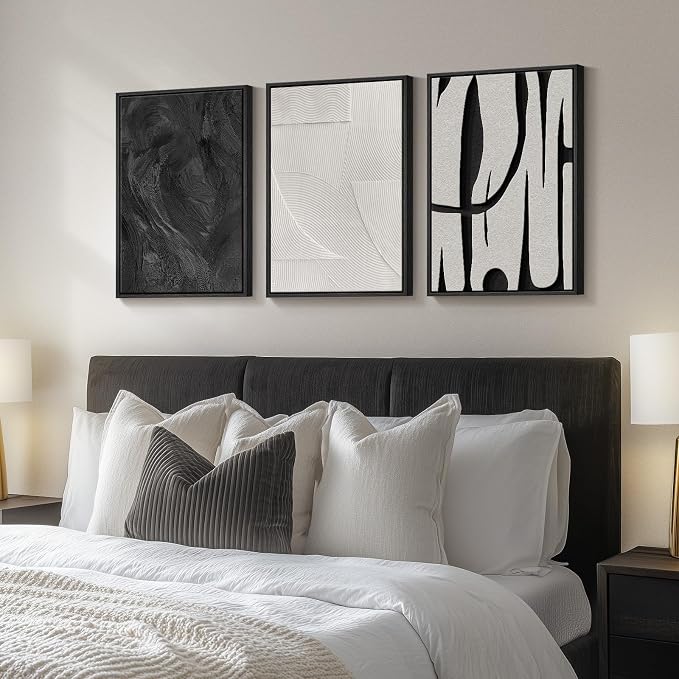 Framed Black and White Modern Abstract Wall Art set, 3 Piece Canvas Prints | Modern Pictures, Black and White Artwork for Walls , Minimalist Canvas Prints, Bedroom Office Paintings Wall Decor,16x24 Inch