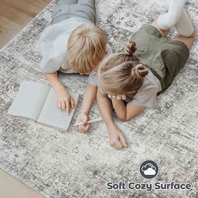 Area Rug 5x7 Washable Rug, Vintage Boho Medallion Rugs Non-Slip Soft Low Pile Large Distressed Rug Indoor Retro Carpet for Living Room Bedroom Dining Room Home Office (Grey, 5'x7')