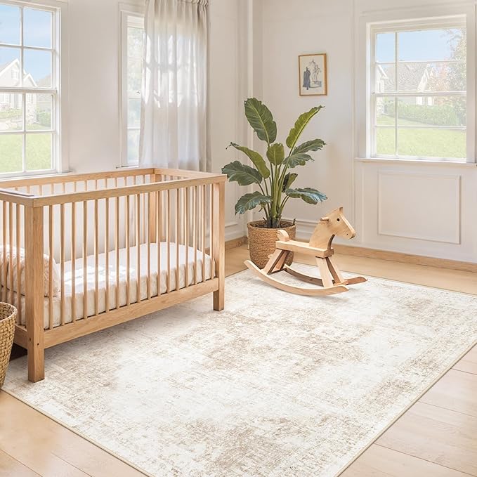Area Rug 3x5 Washable Rug, Vintage Boho Medallion Entryway Rug Non-Slip Soft Low Pile Small Distressed Floor Carpet Retro Doormat for Kitchen Bedroom Laundry Bathroom Hallway (Beige, 3'x5')