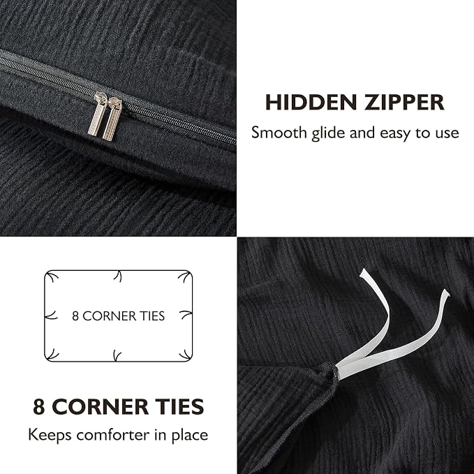 EMME Muslin Cotton Duvet Cover Set Black King Size Linen Like Soft Breathable Lightweight Summer Comforter Cover Set with Zipper Closure (Black, King, 104"x90")