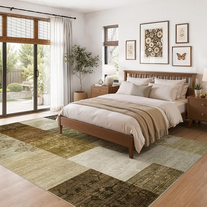 UERMEI 8x10 Area Rug for Living Room - Washable Neutral Modern Abstract Carpet, Non-Slip Soft Large Indoor Floor Rugs for Bedroom Home Office & Under Dining Table Decor, Brown/Green