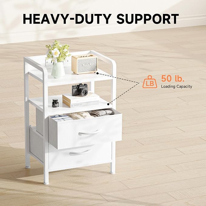 Lazzanto Nightstand with Rear Charging Station, LED Light, 2 Drawers, White | Industrial Nightstand, 2 USB-A Ports & AC Outlets, Raised Back Guard, Fabric Storage Drawers, Bedside Table for Bedroom, Dorm