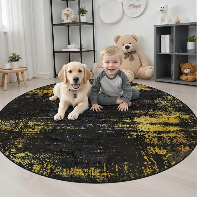 Round Area Rug Living Room: 4 ft Modern Washable Indoor Carpet | For Bedroom Dining Room Farmhouse Nursery Hallway Office,Modern Abstract,Machine washable,Non-Slip,Stain Resistant,Indoor