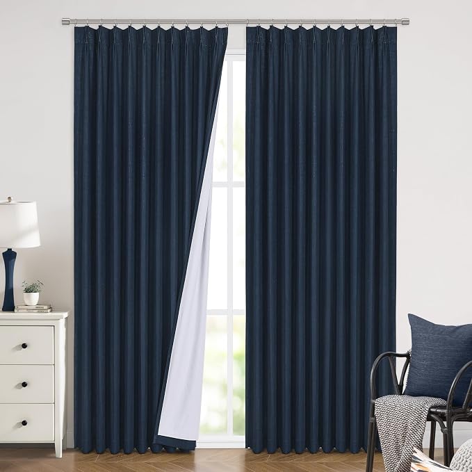 Vision Home Navy Blue Pinch Pleated Full Blackout Curtains Linen Blended Room Darkening Window Panels 84 inch for Living Room Bedroom Thermal Insulated Pinch Pleat Drapes with Hooks 60" Wx84 Lx1