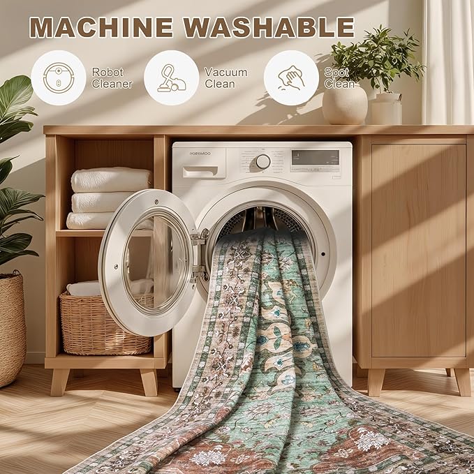 Hallway Runner Rug: 2.6x8 Kitchen Rugs for Living Room Brown Green | Runner Rug Hallway Washable Rug No Slip Soft Bedroom Rug Indoor Floor Stain Resistant Carpets for Entryway, Laundry, Bathroom