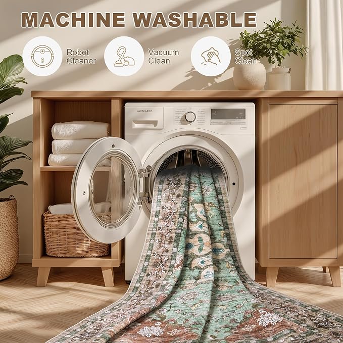 2x3 Area Rugs Living Room: Washable Rug for Bedroom Brown Green | Boho No Slip Stain Resistant Rug Soft Indoor Decor Floor Floral 2x3 Area Rugs for Dining Room, Nursery, Hallway, Home Office