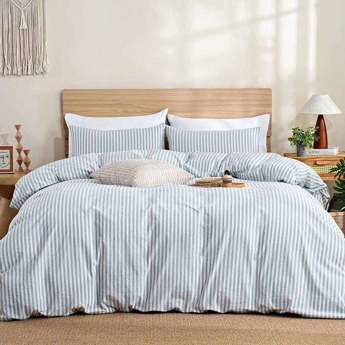 TOCOMOA Blue Striped Duvet Cover Set 100% Washed Cotton Like Linen, Queen | Linen-Like Feel Soft, Breathable & Comfy for All Season. Lightweight Bedding Set with Zipper & 8 Ties. 3 Pcs, No Insert