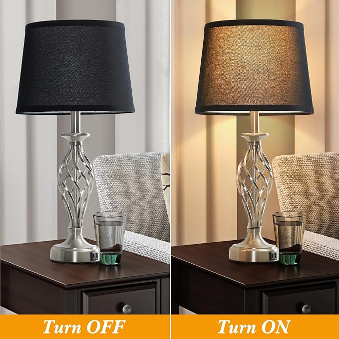 Table Lamp for Bedroom Set of 2 with USB C+A Ports,Modern Night Stand Lamps | Silver Bedside Lamps with Spiral Cage Base,Black Fabric Shade,Lamp for Living Room Reading Bed Side End Table,Bulbs Included