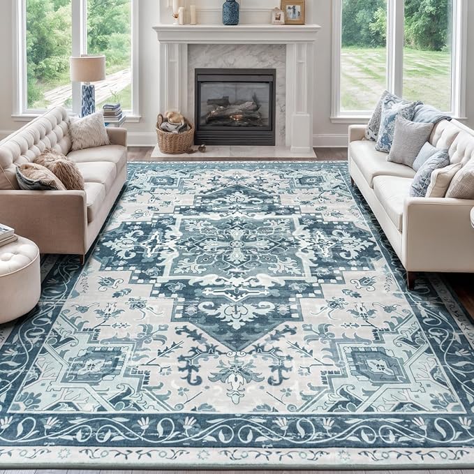 Rugflix 9x12 Area Rugs for Living Room, Washable Light Blue Large Rug | Machine Washable; Stain-Resistant; Low Pile; Non-Slip; Boho Vintage Printed; Carpet for Bedroom Dining Office Nursery Home