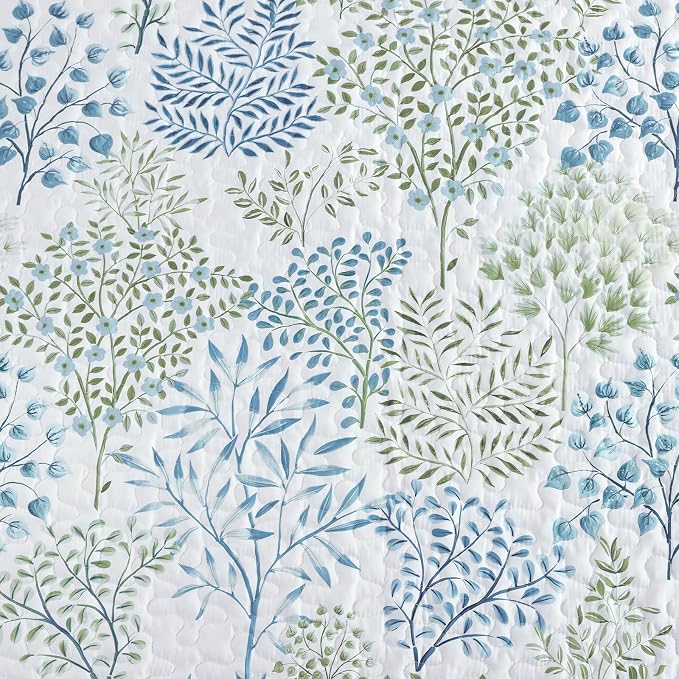 WONGS BEDDINGKing Quilt Set, 3 Pcs Blue Green Floral Bedspread Coverlet | Botanical Print Quilt Set for Spring Summer, Lightweight Microfiber Farmhouse Quilted Bed Cover for Guest Room 110"×90"