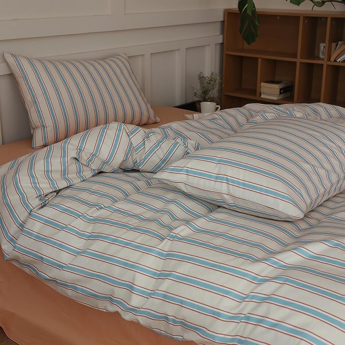 Striped Comforter Set King Size, 3 Pieces Lightweight Striped Bedding Comforter Set, Fluffy Soft Blue Brown Stripes Pattern Printed Bedding Set, Breathable King Size Comforter with 2 Pillowcases
