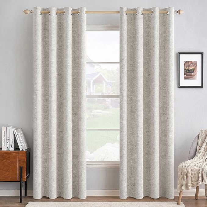 MIULEE 100% Blackout Linen Curtains for Bedroom 52x90 Inches Cream White | Room Darkening, Light Blocking, Thermal Insulated, Grommet Top, Linen Textured, Window Curtains for Living Room, 2 Panels