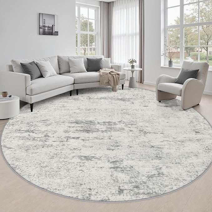 Round Area Rug Living Room: 8 ft Modern Washable Carpet Gray | For Bedroom Dining Room Farmhouse Nursery Hallway Office,Modern Abstract,Machine washable,Non-Slip,Stain Resistant,Indoor