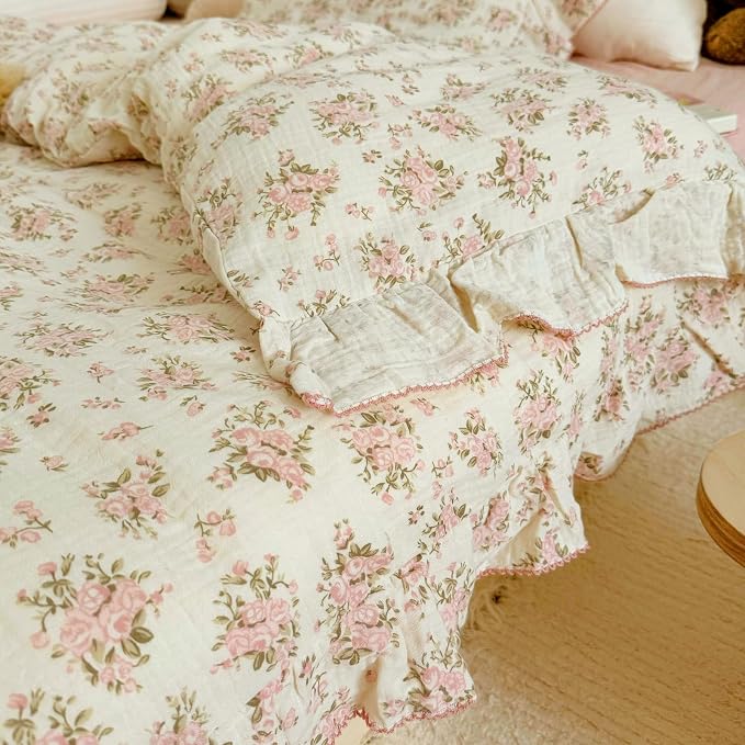 Vintage Floral Queen Duvet Cover Cotton Muslin Comforter Cover with Ruffles, Soft Lightweight Gauze Bedding Quilt Cover 90"x90", No Pillow Case, Zipper & Corner Ties, Machine Wash