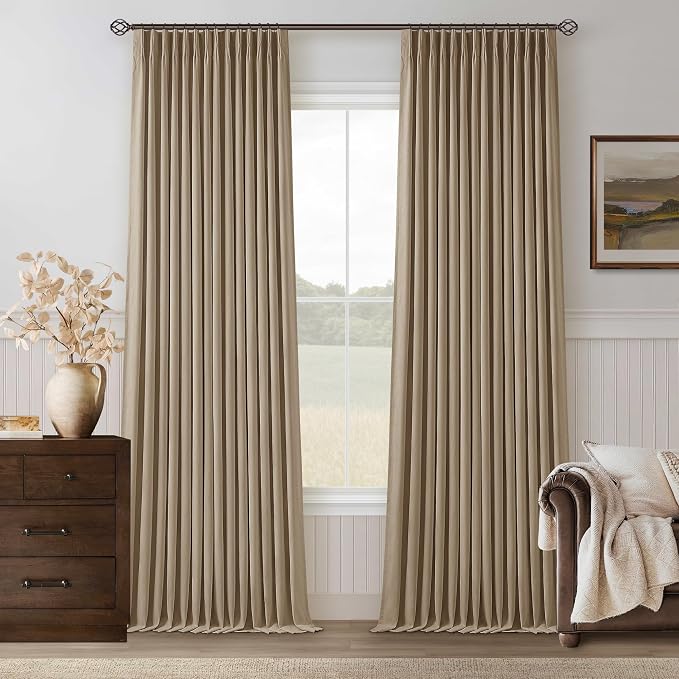 Light Brown Pinch Pleated 100% Blackout Linen Bedroom 96 Inch Curtains | Double Layer Curtains, Pinch Pleat Rings Hooks Back Tab, Black Out Room Darkening, Memory Shape, for Living Room, 2 Panels