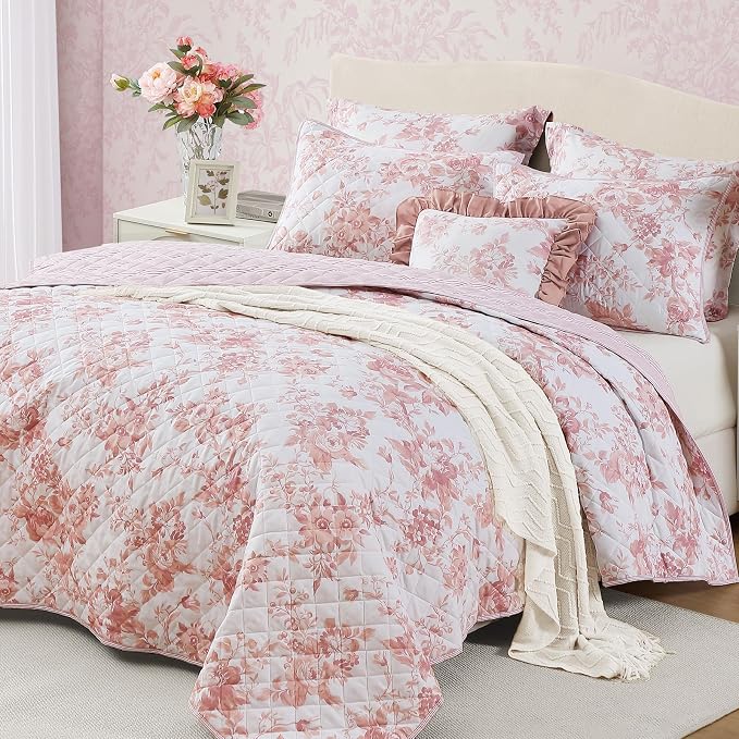 BLOOMHAVEN Queen Quilt Set-3 Pieces Soft Bedding Floral Reversible Coverlet | All Seasons Lightweight Quilts Queen Size for Bed, Breathable Vintage Bedspread with Shams, Dusty Rose Pink