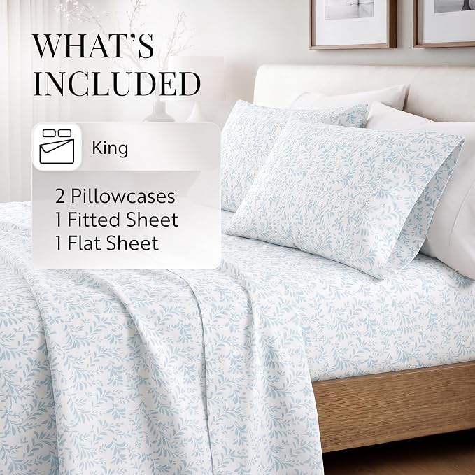 Linen Market 4 Piece King Sheet Set - Breathable, Double-Brushed Patterned Cooling Sheets – Oeko-TEX Certified Ultra Soft & Wrinkle-Free 16" Deep-Pocket King Sheets - Easy Care Burst of Vines Blue