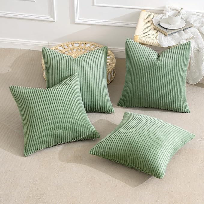 MIULEE Soft Corduroy Decorative Throw Pillow Covers Sage Green 18x18 | Set of 4, Mordern Nordic Home Decor, All Same Color Set, Boho Farmhouse Cushion Covers for Couch Bed Sofa Living Room