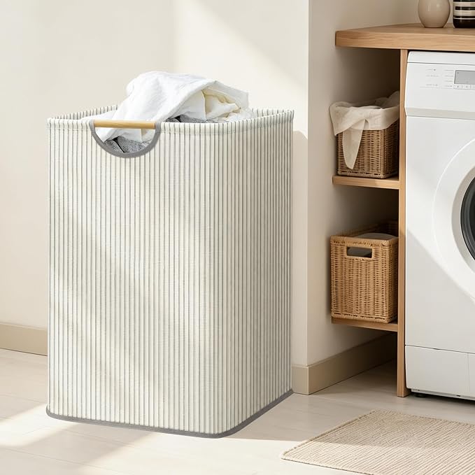 STORAGE MANIAC 2-Pack Large Laundry Hamper, 100L (26.4 Gal) Collapsible Laundry Basket with Bamboo Handles, Freestanding Waterproof Clothes Hamper for Laundry Room, Bedroom, Dorm, Towels, Stripe
