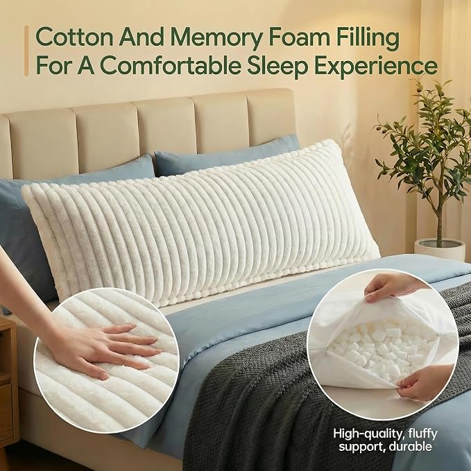 Luxurious Faux Fur Full Body Pillow for Adults,Shredded Memory Foam Body Pillows for Side Sleeper & Pregnancy, 20x54 Inch Fluffy Long Bed Pillow for Back Pain Relief, Removable Cover